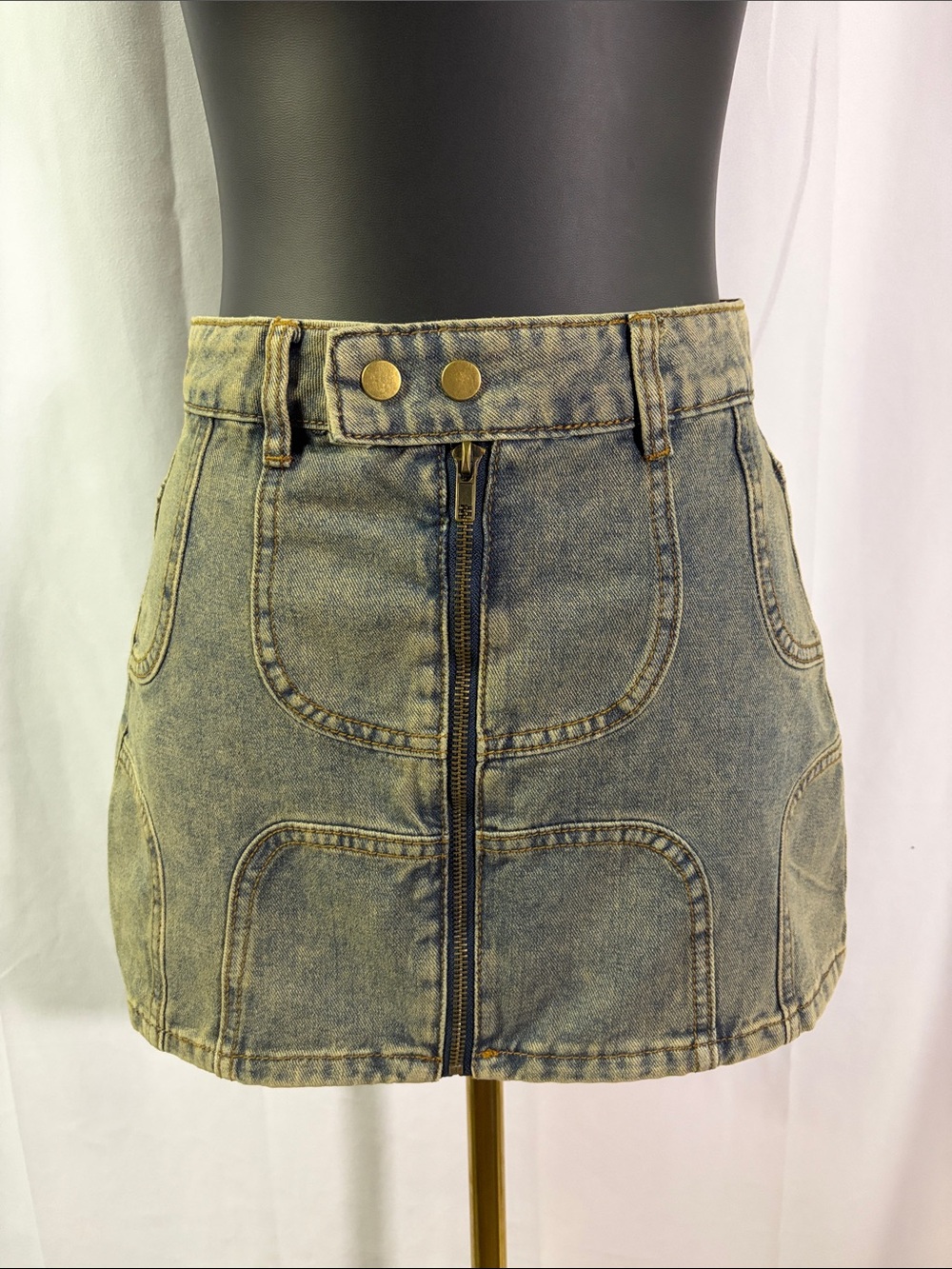 American Bazi Zip Front Denim Mini Skirt